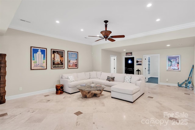 4552 Sawgrass Ct, Denver, NC 28037 - living room featuring crown molding, ceiling fan, and recessed lighting