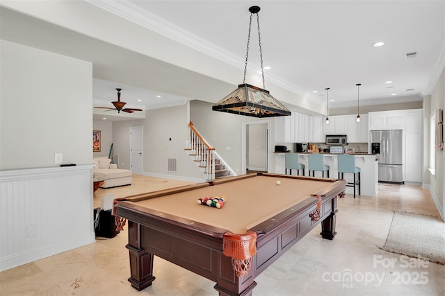 4552 Sawgrass Ct, Denver, NC 28037 - game room with recessed lighting, ceiling fan, crown molding, and billiards table