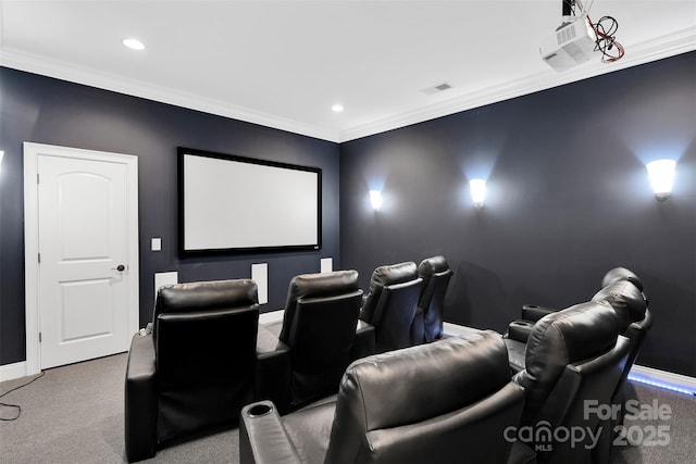 4552 Sawgrass Ct, Denver, NC 28037 - home theater room featuring ornamental molding, carpet floors, and recessed lighting