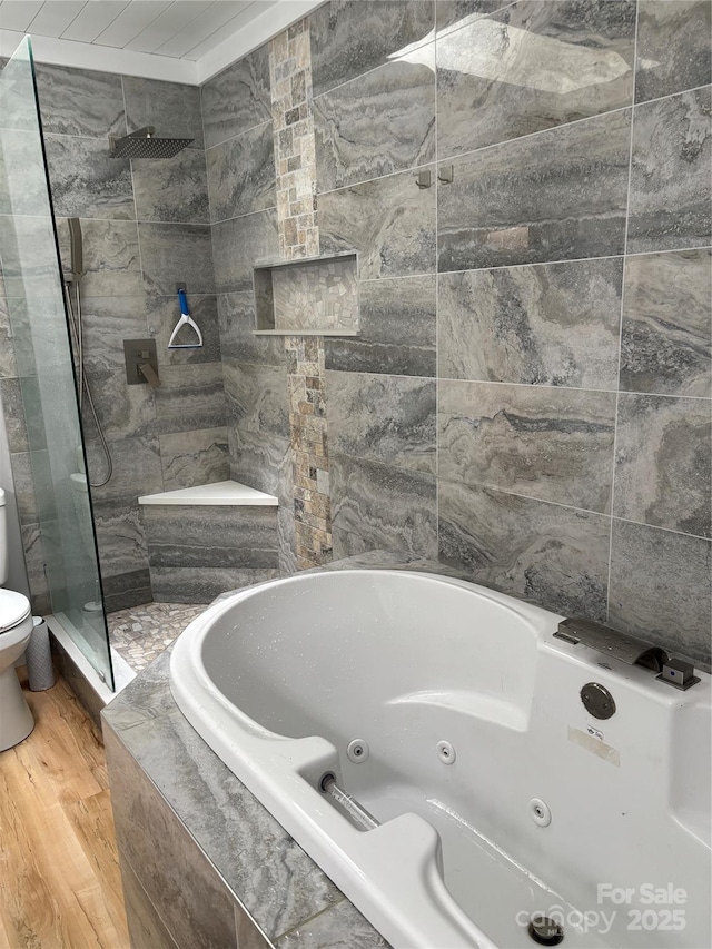 39 Moondust Dr, Waynesville, NC 28786 - bathroom featuring a jetted tub, walk in shower, and wood finished floors