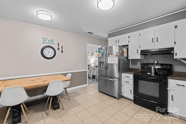 10108 Starwood Dr Unit 13, Charlotte, NC 28215 - kitchen with black range with electric stovetop, stainless steel refrigerator with ice dispenser, under cabinet range hood, dark countertops, and a textured ceiling