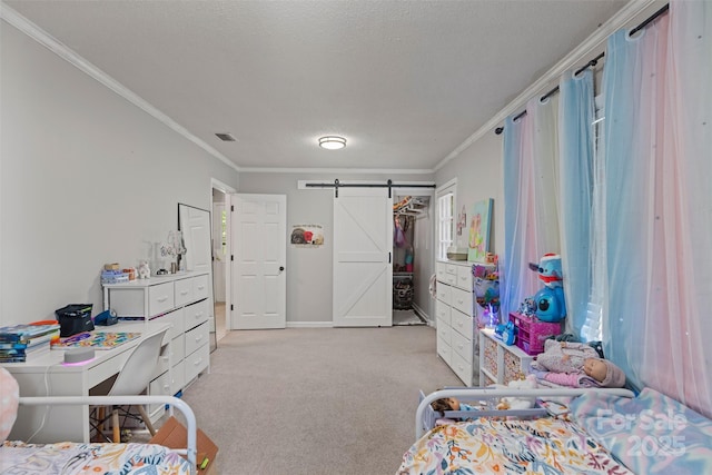 10108 Starwood Dr Unit 13, Charlotte, NC 28215 - bedroom with light colored carpet, ornamental molding, and a barn door