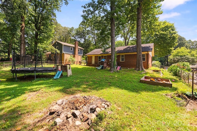 10108 Starwood Dr Unit 13, Charlotte, NC 28215 - fenced backyard featuring a trampoline, a vegetable garden, and view of wooded area