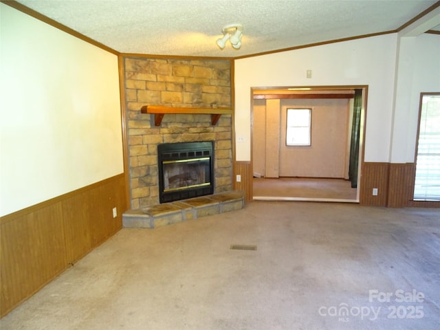 113 Dillon St, Winston Salem, NC 27107 - unfurnished living room with ornamental molding, wainscoting, wood walls, a stone fireplace, and a textured ceiling