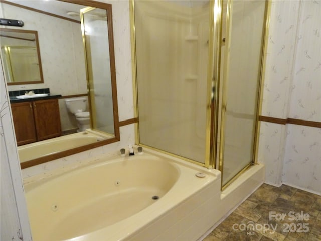 113 Dillon St, Winston Salem, NC 27107 - bathroom with wallpapered walls, a shower stall, vanity, and a tub with jets