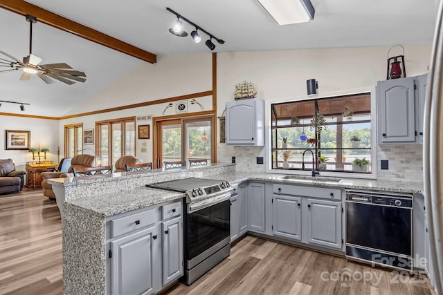 643 Lake Dr Unit 10, Lexington, NC 27292 - kitchen featuring dishwasher, stainless steel range with electric cooktop, gray cabinets, a peninsula, and light wood-type flooring