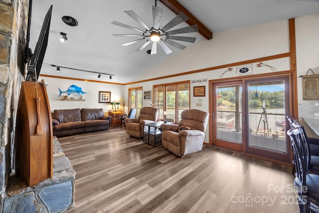 643 Lake Dr Unit 10, Lexington, NC 27292 - living area with wood finished floors, ceiling fan, and rail lighting