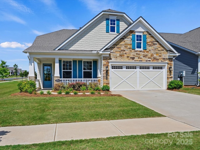 10305 Superb Ln, Charlotte, NC 28215 - craftsman house with stone siding, concrete driveway, a porch, and a front yard