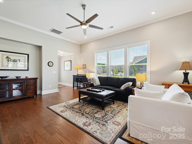 10305 Superb Ln, Charlotte, NC 28215 - living room featuring ceiling fan, dark wood-type flooring, crown molding, and recessed lighting