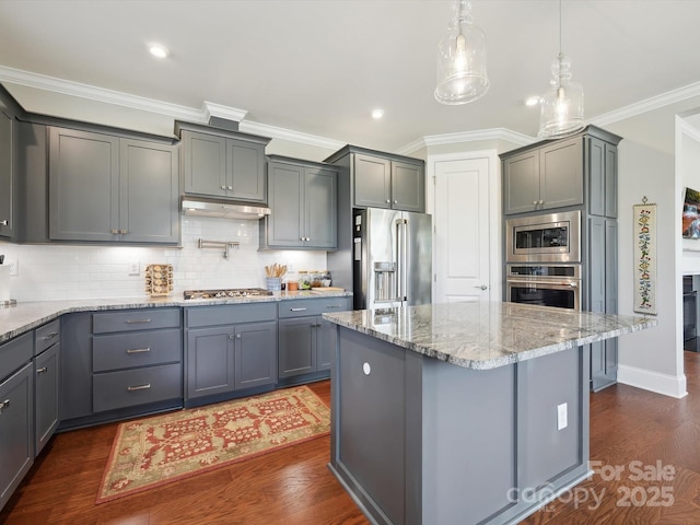 10305 Superb Ln, Charlotte, NC 28215 - kitchen with appliances with stainless steel finishes, light stone counters, ornamental molding, tasteful backsplash, and recessed lighting