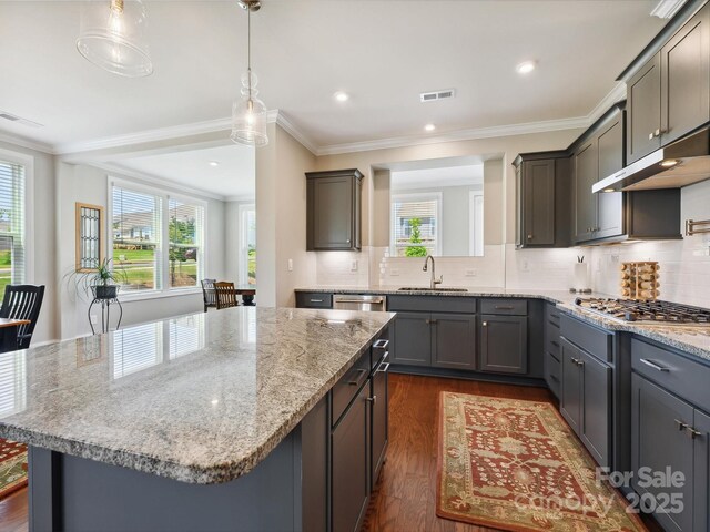 10305 Superb Ln, Charlotte, NC 28215 - kitchen with under cabinet range hood, dark wood finished floors, a kitchen island, crown molding, and light stone countertops