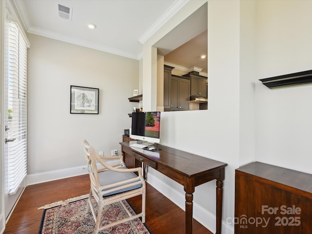 10305 Superb Ln, Charlotte, NC 28215 - office space with dark wood-type flooring, ornamental molding, plenty of natural light, and recessed lighting