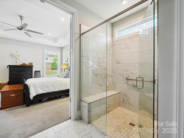 10305 Superb Ln, Charlotte, NC 28215 - full bathroom featuring plenty of natural light, marble finish floors, ensuite bathroom, a shower stall, and recessed lighting