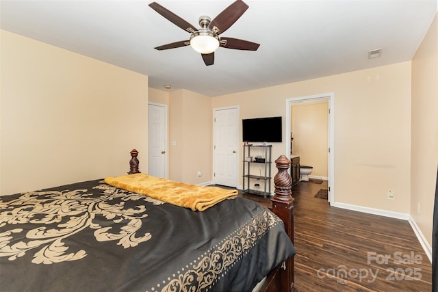 4208 Carl Parmer Dr, Harrisburg, NC 28075 - bedroom featuring dark wood-style flooring, ceiling fan, and connected bathroom