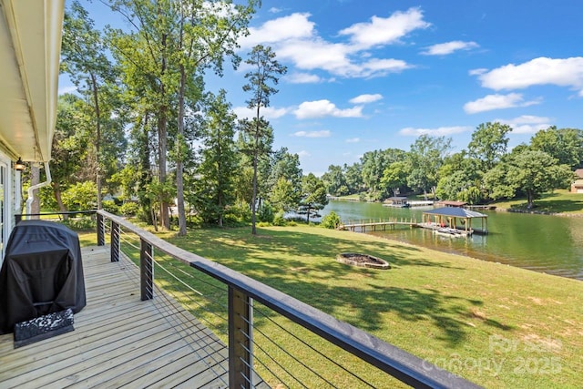 172 Honeydew Cir, Troutman, NC 28166 - deck featuring a water view, a lawn, a grill, a fire pit, and a dock