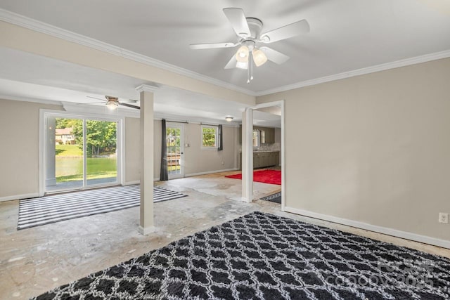 172 Honeydew Cir, Troutman, NC 28166 - empty room featuring ornate columns, a ceiling fan, and ornamental molding