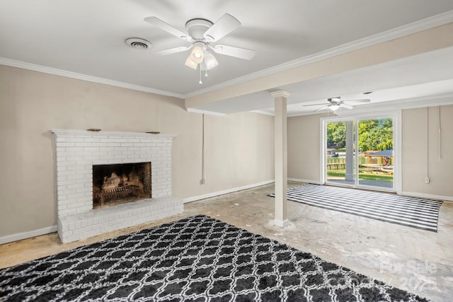 172 Honeydew Cir, Troutman, NC 28166 - unfurnished living room featuring a ceiling fan, ornamental molding, and a brick fireplace