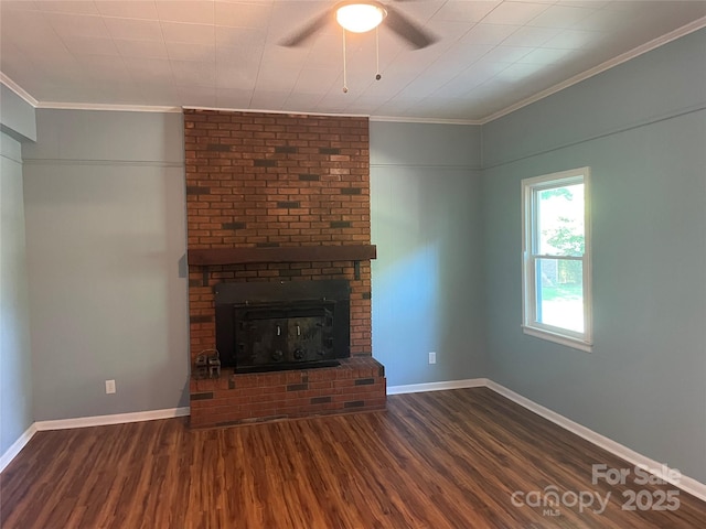 1320 Kings Cir, Shelby, NC 28150 - unfurnished living room with a ceiling fan, ornamental molding, wood finished floors, and a fireplace