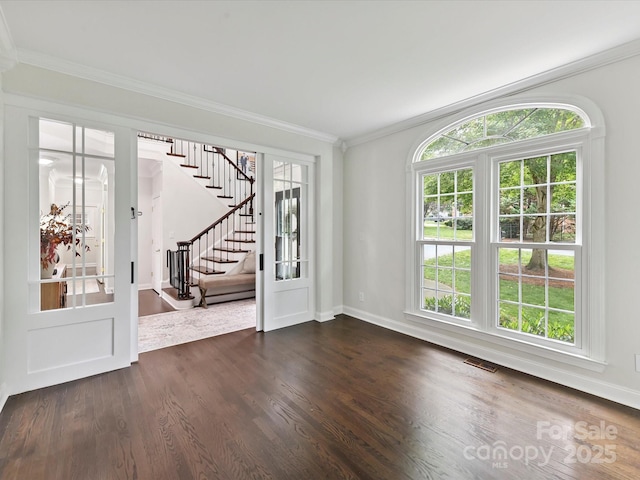 4032 Cambridge Hill Ln, Charlotte, NC 28270 - unfurnished room featuring stairway, dark wood finished floors, and ornamental molding