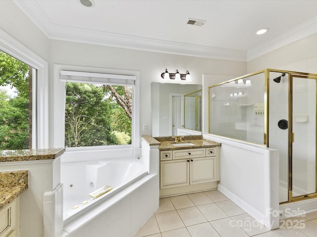 4032 Cambridge Hill Ln, Charlotte, NC 28270 - full bath featuring vanity, a shower stall, a jetted tub, tile patterned floors, and crown molding