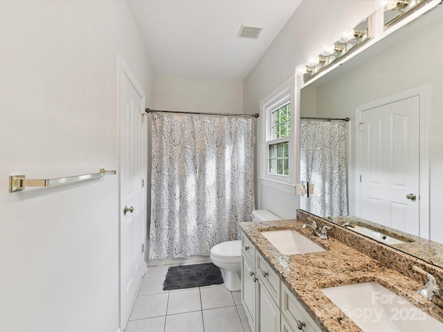 4032 Cambridge Hill Ln, Charlotte, NC 28270 - bathroom featuring double vanity, tile patterned floors, and a shower with shower curtain