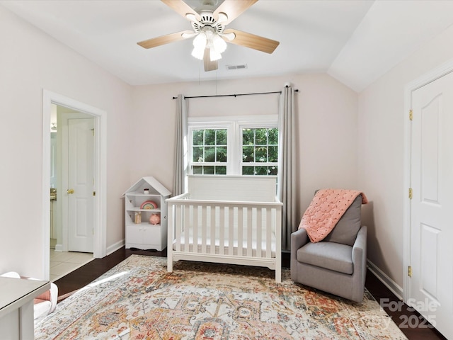 4032 Cambridge Hill Ln, Charlotte, NC 28270 - bedroom featuring a crib, ceiling fan, and lofted ceiling