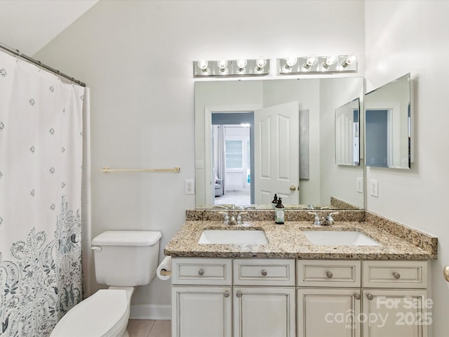 4032 Cambridge Hill Ln, Charlotte, NC 28270 - bathroom featuring double vanity, tile patterned floors, and curtained shower