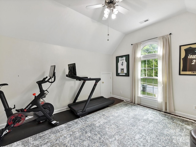 4032 Cambridge Hill Ln, Charlotte, NC 28270 - workout room featuring lofted ceiling and ceiling fan