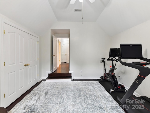 4032 Cambridge Hill Ln, Charlotte, NC 28270 - exercise area featuring lofted ceiling and ceiling fan