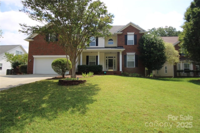 2418 Alaqua Ct, Matthews, NC 28105 - view of front of home with brick siding, concrete driveway, a front yard, an attached garage, and covered porch