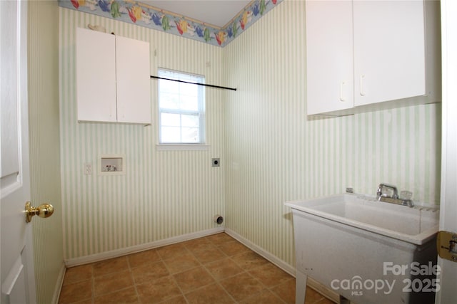 2418 Alaqua Ct, Matthews, NC 28105 - washroom featuring cabinet space, electric dryer hookup, wallpapered walls, and hookup for a washing machine