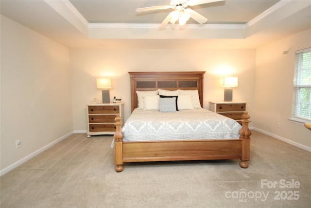 2418 Alaqua Ct, Matthews, NC 28105 - bedroom featuring light colored carpet, a raised ceiling, ornamental molding, and a ceiling fan