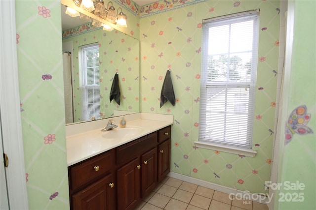 2418 Alaqua Ct, Matthews, NC 28105 - bathroom featuring vanity, wallpapered walls, tile patterned flooring, and curtained shower