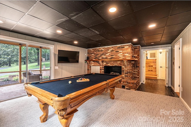 221 Roberts Ln, Lenoir, NC 28645 - game room featuring billiards table, carpet floors, a brick fireplace, wooden walls, and recessed lighting