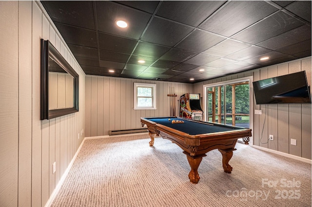 221 Roberts Ln, Lenoir, NC 28645 - recreation room with baseboard heating, billiards table, carpet floors, wood walls, and recessed lighting