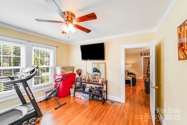 1004 Venus St, Kannapolis, NC 28083 - exercise room with ornamental molding, light wood-type flooring, and ceiling fan