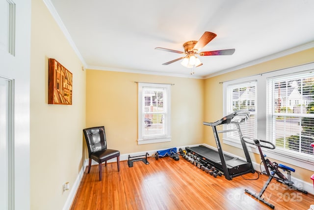 1004 Venus St, Kannapolis, NC 28083 - exercise room featuring healthy amount of natural light, crown molding, wood finished floors, and ceiling fan