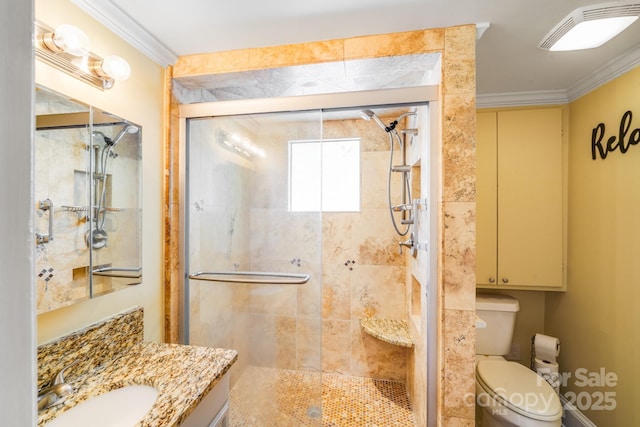 1004 Venus St, Kannapolis, NC 28083 - bathroom featuring vanity, a stall shower, and crown molding