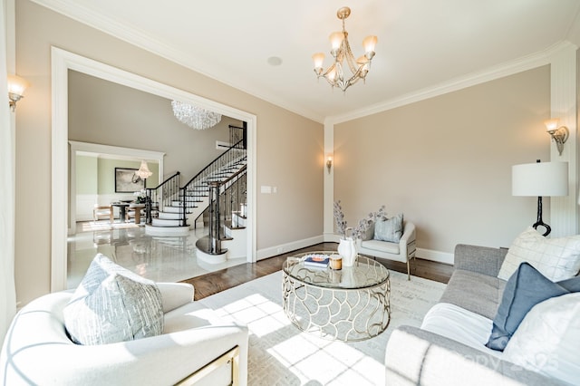 802 Capington Ln, Waxhaw, NC 28173 - living area featuring a chandelier, stairs, ornamental molding, and wood finished floors