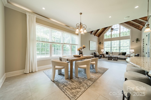 802 Capington Ln, Waxhaw, NC 28173 - dining area featuring recessed lighting, wooden ceiling, a chandelier, ceiling fan, and ornamental molding