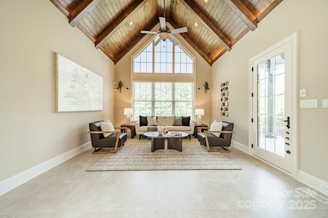 802 Capington Ln, Waxhaw, NC 28173 - living area featuring a wood ceiling with exposed beams, healthy amount of natural light, high vaulted ceiling, and ceiling fan