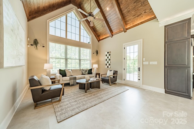 802 Capington Ln, Waxhaw, NC 28173 - living area with a wooden ceiling with exposed beams, ceiling fan, and high vaulted ceiling