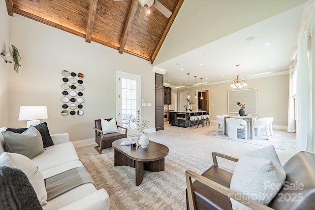 802 Capington Ln, Waxhaw, NC 28173 - living room with a wooden ceiling with exposed beams, a chandelier, light colored carpet, recessed lighting, and ceiling fan