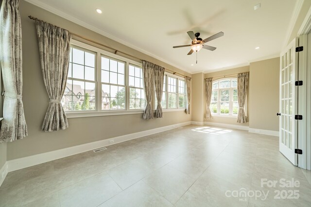802 Capington Ln, Waxhaw, NC 28173 - spare room with ornamental molding, a ceiling fan, french doors, recessed lighting, and light tile patterned floors