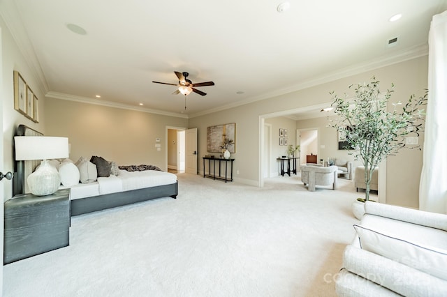 802 Capington Ln, Waxhaw, NC 28173 - bedroom featuring light colored carpet, ornamental molding, ceiling fan, and recessed lighting