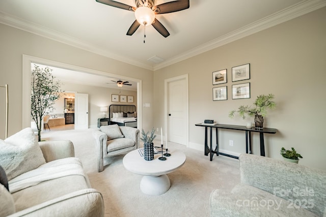 802 Capington Ln, Waxhaw, NC 28173 - carpeted living room featuring a ceiling fan and crown molding