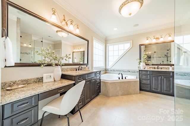 802 Capington Ln, Waxhaw, NC 28173 - bathroom with a bath, two vanities, a stall shower, and ornamental molding