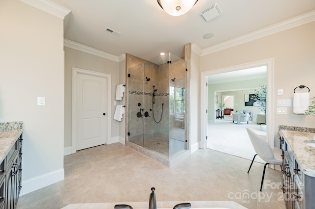 802 Capington Ln, Waxhaw, NC 28173 - full bathroom with vanity, crown molding, a stall shower, a bathtub, and tile patterned flooring