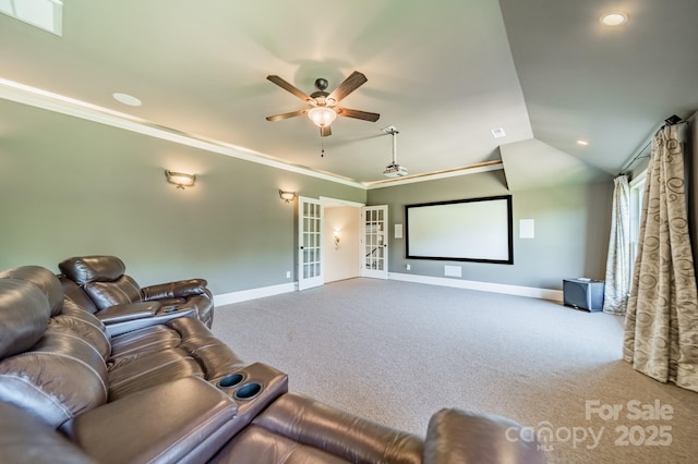 802 Capington Ln, Waxhaw, NC 28173 - cinema room with ornamental molding, carpet floors, ceiling fan, french doors, and lofted ceiling