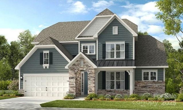 158 Nicholson Ln, Mooresville, NC 28115 - craftsman inspired home with stone siding, driveway, a standing seam roof, an attached garage, and a metal roof
